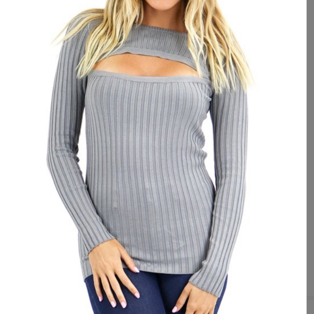 Gray Ribbed Cutout Top